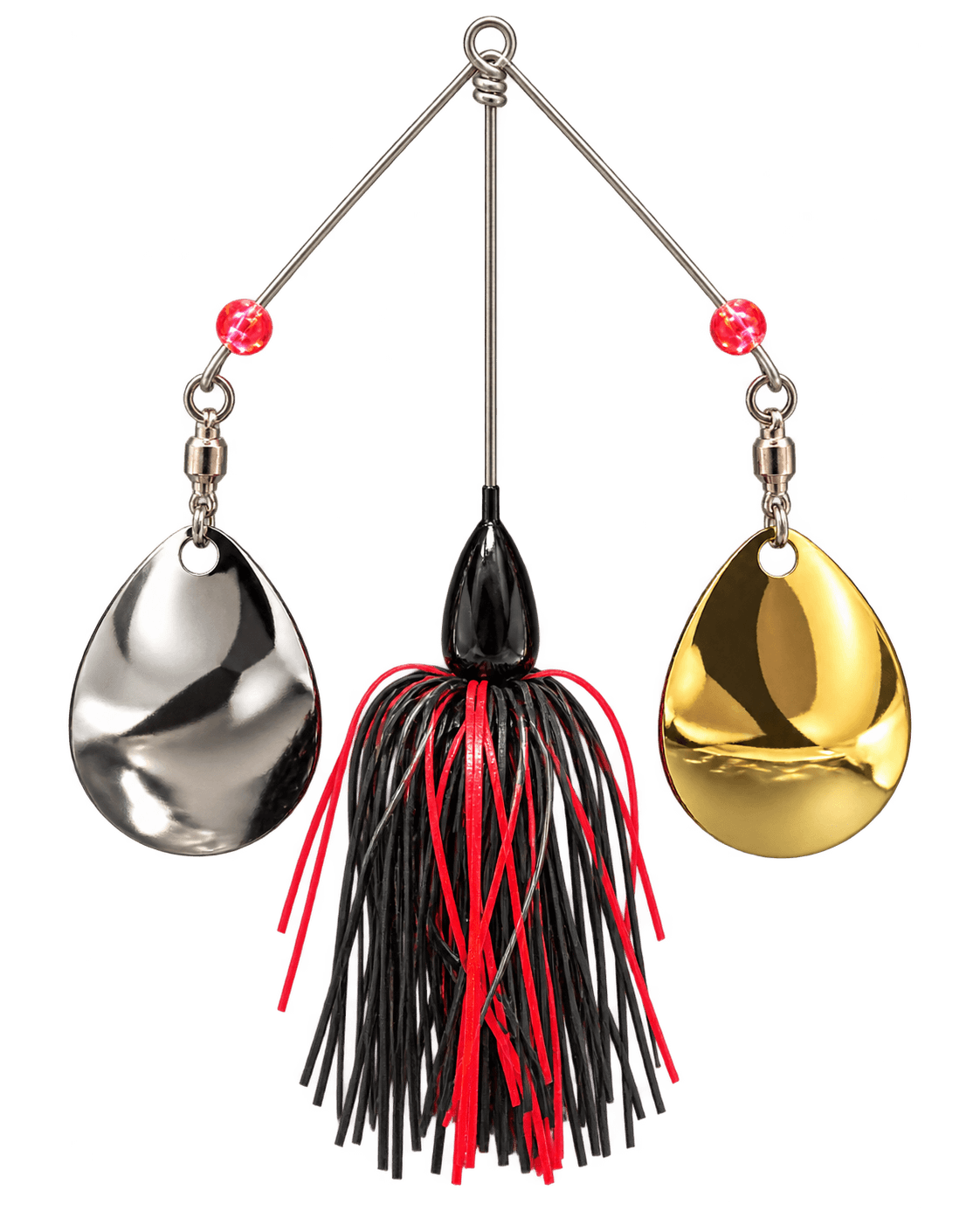 Black-and-red double-arm spinnerbait with gold and silver-colored blades, isolated on a transparent background.